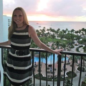 Grey, white and black Bebe striped dress
